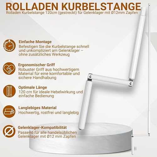 Rolladen Kurbelstange 120cm, Hand-Kurbel für Gelenklager mit Ø12mm Zapfen - Rolladenkurbel rostfreies Aluminium mit ergonomischem Handgriff - Weiß - markiso® - Cheap-Us