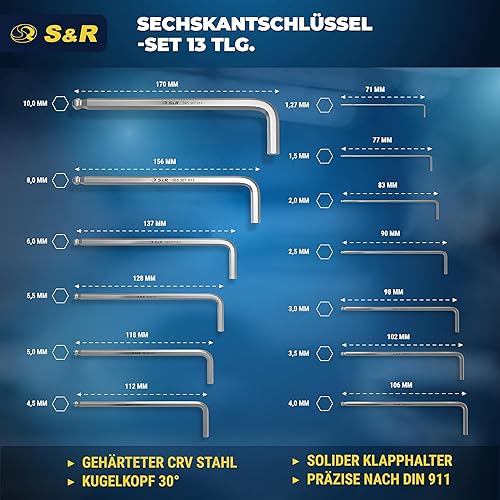 S&R Innensechskantschlüssel Satz HX, 13-tlg mit Kugelkopf, Innensechskant LANG, 1,27 bis 10 mm, Cr-V-Stahl gehärtet, Winkelschlüssel rostfrei, Sechskant Schlüssel-Set in stabilem Klapp-Halter - Cheap-Us