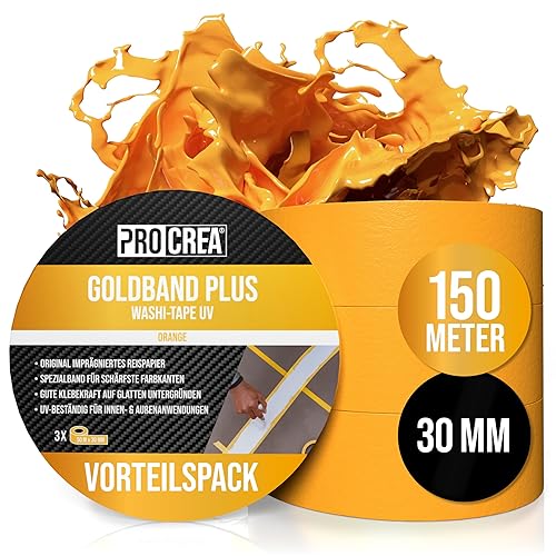 PROCREA® 3x Premium Goldband Klebeband UV [Mixpack 2x 48 mm + 1x 30 mm] Oranges Kreppband Malerband für innen & außen - Wasser- & Hitzebeständiges Abklebeband zum Streichen, Lackieren & Renovieren - Cheap-Us