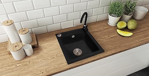 Manestein Spülbecken, Küchenspüle aus Granit, Einbauspüle, Einzelbecken mit Siphon, Fleckenbeständig und Pflegeleicht, 80% Quarzsand, 1 Becken, 48 x 39 cm, Graphit - Schwarz Gesprenkelt - Cheap-Us