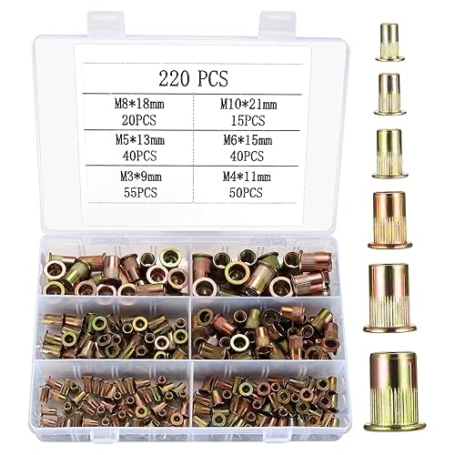 Nietmuttern Sortiment, 220 Stk Einnietmuttern Set, M3 M4 M5 M6 M8 M10 Runde Flachkopf Gewinde Rivet Nutsert Cap Muttern, Zugnietmutter Blindnietmuttern für Metallplatten, Rohre usw - Cheap-Us