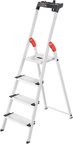 Hailo Stehleiter ComfortLine, 4 XXL-Stufen bis 150 kg, kleine Leiter aus Aluminium mit Ablage & tiefer Standfläche, klappbare Aluleiter rostfrei, Silber, Aktuelles Modell L80, Made in Germany - Cheap-Us