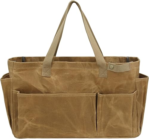 Garten Werkzeugtasche, Hand-Werkzeug-Aufbewahrungstasche, gewachstem Segeltuch Garten Werkzeug Tragetasche， - mit Außentaschen - für Gärtner Elektriker Handwerker Schreiner | Khaki | 46x18x28cm - Cheap-Us