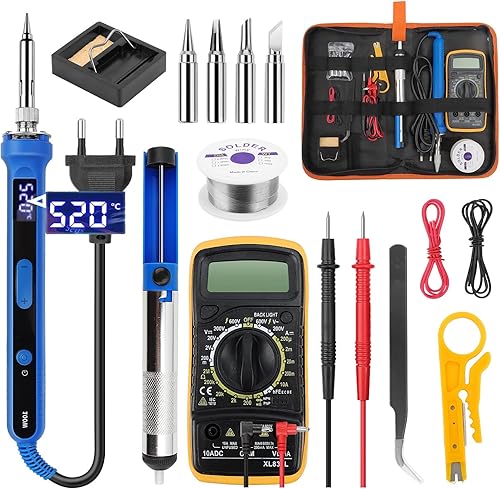 Lötkolben Set 100W,LED Lötkolben mit Temperatur Einstellbar 180℃-520℃,Soldering Kit mit Ein/Aus Schalter,50g Lötdraht,5 Lötspitzen,Entlötpumpe,Lötkolbenständer,Pinzette,Digitalmultimeter - Cheap-Us