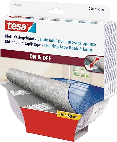 tesa Klett-Verlegeband On & Off - selbstklebendes Klettband zum Verlegen von Teppichen - rutschfest, für Feuchträume und Fußbodenheizung geeignet - 25 m x 50 mm - transparent - Cheap-Us