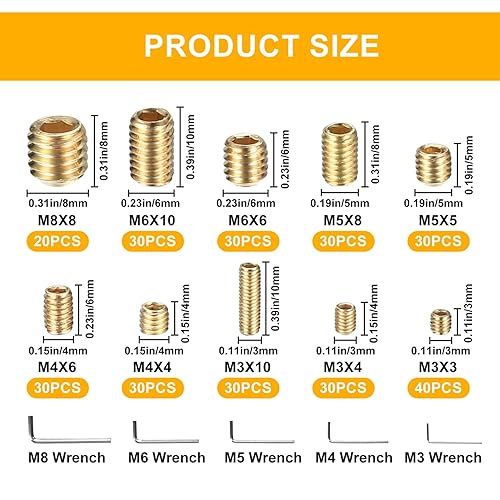 300 Stk Madenschrauben Set, M3/M4/M5/M6/M8 Gewindestifte Sortiment Kit, Sechskantkopf Schrauben mit Sechskantschlüssel für Türgriff Türklinke Halterung Innensechskant Madenschrauben, Gold - Cheap-Us