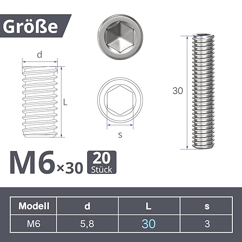 ORTAVA 20 Stück Madenschrauben, Gewindestifte M4 x 12 mm DIN 913 / ISO 4026 mit Innensechskant (ISK) und Kegelkuppe, Madenschraube Edelstahl(Silber) - Cheap-Us