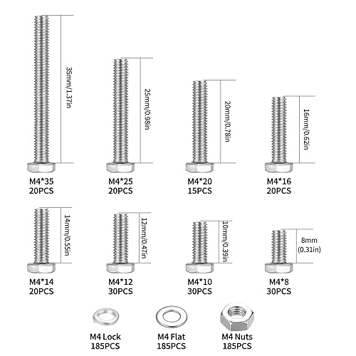 740 Stk Sechskantschrauben Muttern Set, M4 Schrauben Set, Edelstahl Gewindeschrauben Set, Maschinenschrauben Sortiment Set, Fahrrad Schrauben und Muttern Set mit Unterlegscheiben für Auto Möbel (M4) - Cheap-Us