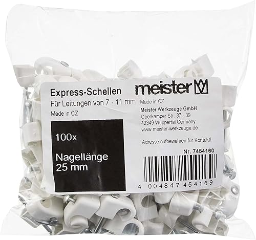 Meister Express-Schelle 10-14 mm-grau-100 praktischen Set-Zur Fixierung von Kabeln & Leitungen-Inkl. vormontiertem Nagel/Haftclips/Kabelschellen/Nagelschellen / 7454230, grau, 10-14 mm (100 Stück) - Cheap-Us