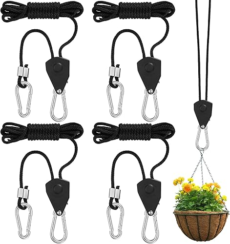 4 STK Ratchet Hangers, Seilratsche mit Haken, einstellbare Seil Ratsche mit Haken, Seilhaken Ratsche, 2M 1/8 Zoll Verstellbarer Seilaufhänger Seilzugratsche Ratschenseil für Pflanzenlampe Licht Grow - Cheap-Us