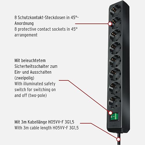 Brennenstuhl Eco-Line Steckdosenleiste 8-Fach (Steckerleiste mit erhöhtem Berührungsschutz, Schalter und 3m Kabel) schwarz - Cheap-Us