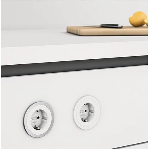 BACHMANN Einbausteckdose PIX 1x Steckdose mit 3 Zierringen (Schwarz, Weiß und Edelstahl-Optik) 2m Kabel Tischsteckdose für Küche, Büro oder Wohnraum Schwarz 926.001 (nur 45mm Einbautiefe) - Cheap-Us