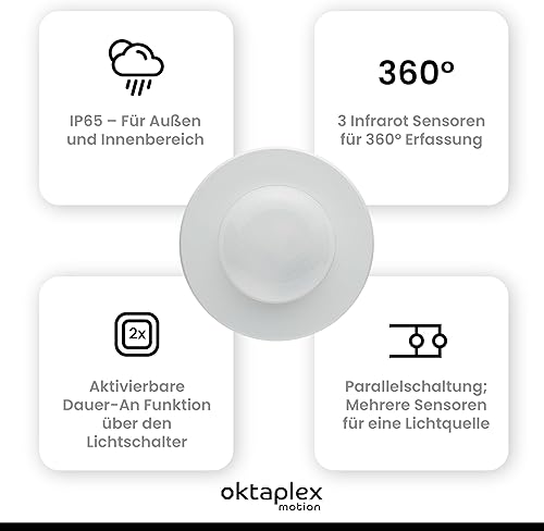 Oktaplex Pia Präsenzmelder Aussen & Innenbereich 360° Infrarot Bewegungsmelder IP65 230V Aufputz Bewegungssensor weiß - Cheap-Us