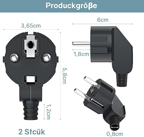 2 Stücke Schuko Stecker,Schutzkontakt-Stecker mit Knickschutztülle,Euro Stecker 250V (16A) für 8-10mm Kabel,Schuko Winkelstecker,Schukostecker Abgewinkelt,IP20 für Den Innenbereich,Schwarz - Cheap-Us