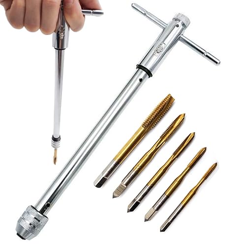 QISF 5 Stück HSS Gewindebohrer | Handgewindebohrer | Schälanschnitt Titan Handwerker Satz | M3 M4 M5 M6 M8 Gewindeschneider | mit verstellbaren Verlängern Gewindebohrer Windeisen Schraubenschlüssel - Cheap-Us