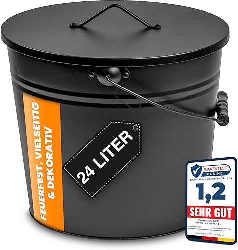 ORA-TEC XL Ascheeimer mit Deckel - Kohleeimer 24 Liter aus Stahlblech im Schwarz - Kamineimer mit Deckel - Ascher Allzweckeimer für den Innen- und Außenbereich - Cheap-Us