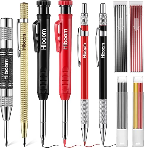 Hiboom 10er Pack Tischler Schreiber Markierung Set, 4 Bunte Solide Zimmermannsbleistifte mit Spitzer und 36 Minen, Automatischer Körner, Hartmetall Anreißwerkzeug Kit für Holzbearbeitung am Bau - Cheap-Us