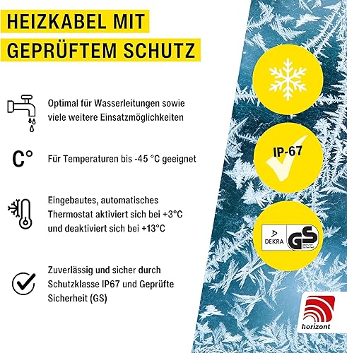 horizont Frostschutz Heizkabel mit Thermostat 1 bis 48 m, ideal für Wasserleitung oder Pflanzen, wasserdichte Begleitheizung, Dachrinnenheizung selbstregulierend, Rohrbegleitheizung | 2 m - Cheap-Us