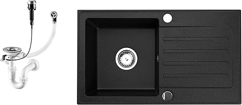Faizee Möbel | Spülbecken Granit Schwarz 75x44 cm | Hochwertige Küchenspüle & Einbauspüle | Eckiges Spülbecken | Beidseitig montierbare Granitspüle | Einbaugranitspüle ab 45 cm | Inkl. Siphon-Set - Cheap-Us