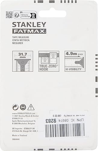 Stanley FatMax PRO Bandmass Blade Armor 0-33-892 (8 m Länge, 32 mm Breite, Genauigkeitsklasse II, mit Feststeller & Mylar-Schutzsicht, automatischer Rücklauf, schlagfestes Gehäuse, Gürtelclip) - Cheap-Us