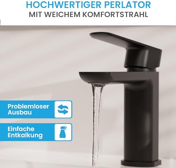 Bächlein Badarmatur Mizarela hoch in klassischem Design, Einhebelmischer für Aufsatzwaschbecken mit langlebiger Keramikkartusche und Montage-Set, Bad Wasserhahn Matt Schwarz - flacher Auslauf - Cheap-Us