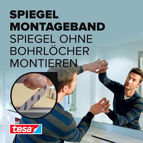tesa Powerbond MIRROR - Doppelseitiges Montageband zur Fixierung von Spiegeln - Feuchtigkeitsbeständiges Klebeband für Bad und Dusche - 5 m x 19 mm - Cheap-Us