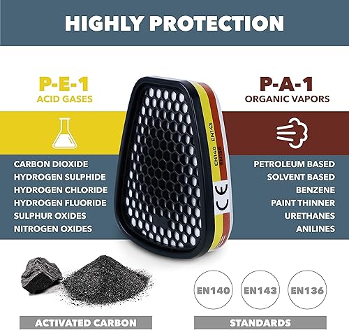 Rhino RH-7011 Atemschutz-Gasmaske, wiederverwendbar, für organische Dämpfe, saure Gase, Sprühen, Farbe, Gesichtsschutz mit 10 Ersatzfiltern, Schutzbrille und Handschuhen - Cheap-Us