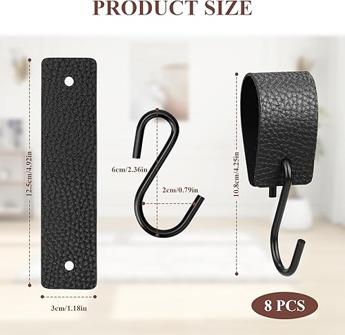 Teokantz 12 Stück S Haken Schwarz mit Lederschlaufe, Haken für Kleiderstange, Kleiderhaken mit Lederschlaufe, Haken zum Einhängen für Küche Bad Schlafzimmer Wohnzimmer - Cheap-Us