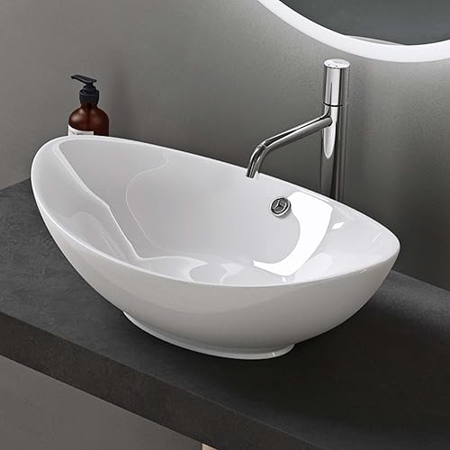 doporro Waschbecken Oval Aufsatzwaschbecken Bad 59x38x19cm Brüssel 818 | Lotuseffekt durch Nanoversiegelung | Aufsatzwaschbecken aus Keramik in Weiß Matt - Cheap-Us
