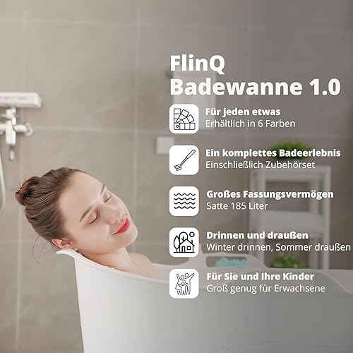 FlinQ - XXL Mobile Badewanne Erwachsene mit Badeaccessoires - 120 x 53.5 x 61 cm - Komfortable Sitzbadewanne Erwachsene zur Tiefenentspannung - Auch als Eistonne geeignet - Weiß - 230 Liter - Cheap-Us