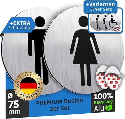 SCHILDERBOXX® WC Schild Selbstklebend - 2er Set Toilettenschild Damen und Herren [Ø75mm, 100% Alu, 3M Tape] – Türschild Toilette Aufkleber Tür, WC-Schilder, Toilettenschilder - Cheap-Us