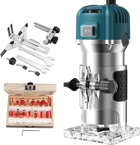 JiGiU Oberfräse 800W Elektrische Holzfräse 6,35mm Durchmesser, 28000 U/min Einhandfräse Kantenfräse Variable Geschwindigkeite inkl. 15PCS 1/4' Fräsen Cuter Set, ideal für Holzbearbeitung - Cheap-Us