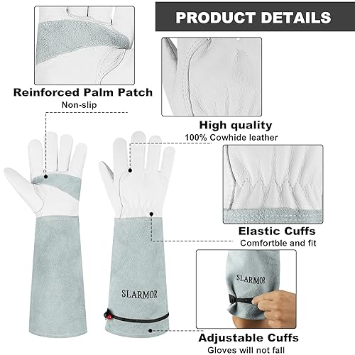 SLARMOR Gartenhandschuhe aus Leder für Damen und Herren - Dornensicher zum Beschneiden von Rosen, mit Unterarmschutz, Lange Rindsleder Arbeitshandschuhe für Garten und Haushaltsaufgaben - Cheap-Us