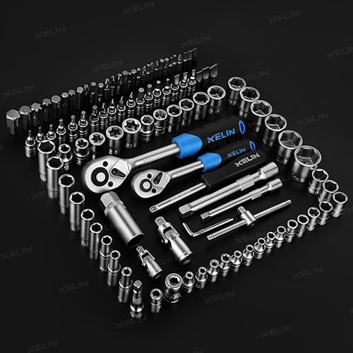 KELIN Steckschlüsselsatz 108-teilig, Ratschenschlüssel Knarrenkasten Set mit Umschaltknarre 1/4' und 3/8', inkl. Gängigen Torx - Bitsatz, Verlängerungen, Steckschlüssel Set und Nüsse für Heim (108) - Cheap-Us