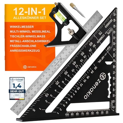 Zimmermannswinkel 12-IN-1 - Komplettes Set mit Anschlagwinkel (Set of 2) - Schreinerwinkel Metall 185mm + Schmiege Anreißwerkzeug 300mm - Winkel Holzbearbeitungswerkzeug - Mit Winkelmesser - Cheap-Us