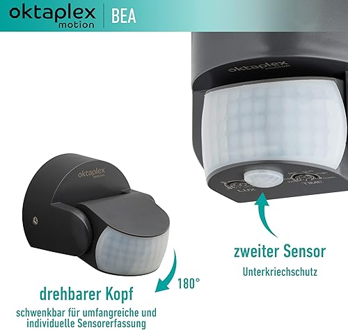 Oktaplex Bea Bewegungsmelder Aussen IP65 schwenkbar 180° Infrarot-Sensor 12m Reichweite 230V anthrazit mit Dämmerungssensor - Cheap-Us