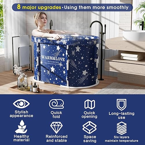 Faltbare Badewanne für Dusche, Freistehende Badewanne für Heißes Bad und Eisbad, Tragbare Eisbadewanne für Erwachsene (Sternenblau, Oval-Medium) - Cheap-Us