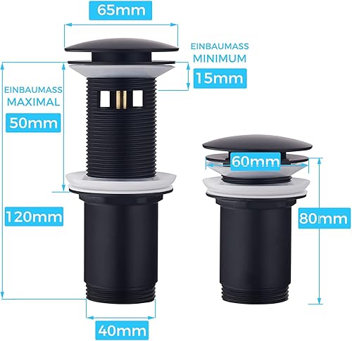 Ablaufgarnitur ohne Überlauf Schwarz Matt - Keymark Universal Ablaufventil Abflussgarnitur für Waschbecken & Waschtisch - Messing Pop Up Ablauf Abfluss Stöpsel - Cheap-Us