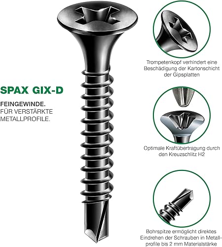 SPAX GIX-D Schnellbauschrauben 3,5 x 35 mm, Vollgewinde, 1000 Stück, Bohrspitze, Kreuzschlitz-H2, Trompetenkopf, Trockenbauschrauben für verstärkte Metallprofile – 1991170350355 - Cheap-Us