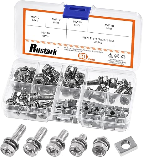 Rustark 60Pcs M6x10mm 12mm 16mm 18mm 20mm 304 Edelstahl Motorrad Batterie Schrauben Muttern Set, ATV Batterieklemme Schrauben Vierkantmuttern Battery Bolts and Nuts für ATV Motorrad Reparaturen - Cheap-Us