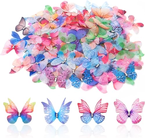 Keboyoe 100 Stück 3D Schmetterlinge Organza mit Strasss Doppellagiger Organza Stoff Schmetterling 4.5cm 3D Schmetterlinge Deko Für Wanddekoration, Kleidung Applikationen, Haarspangen, DIY Dekoration - Cheap-Us