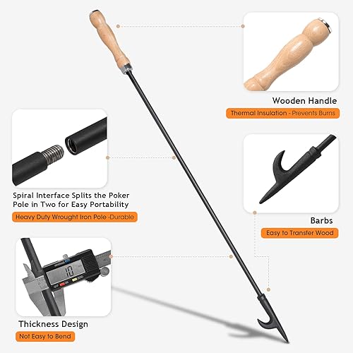 Uten Feuerhaken Lang 81cm Schürhaken, Schüreisen Kaminhaken Holzkohle mit Doppelhaken, Holzgriff Kaminzubehör - Cheap-Us