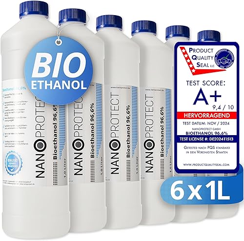 Nanoprotect Bioethanol 96,6% | 6 x 1 Liter | Flüssiger Ethanol Brennstoff für Indoor Kamin und Tischfeuer | Reiner Ethylalkohol als Lösemittel | Geprüfte Premium Qualität - Cheap-Us