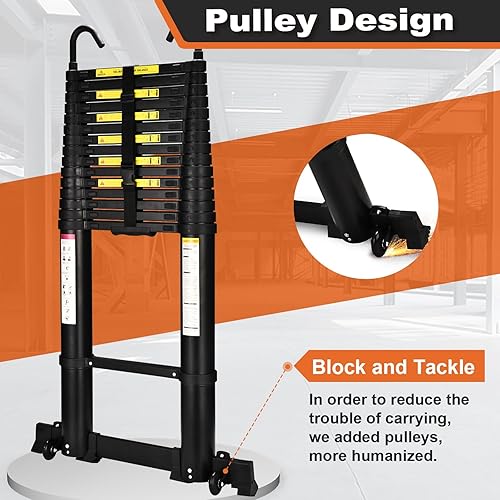 HBTower 3,8m Teleskopleiter Aluminium mit Haken, Leichte Ausziehleiter, Leiter Ausziehbar, klappbare Leiter für Dachböden, Caravans, 150kg Tragfähigkeit, Silber - Cheap-Us