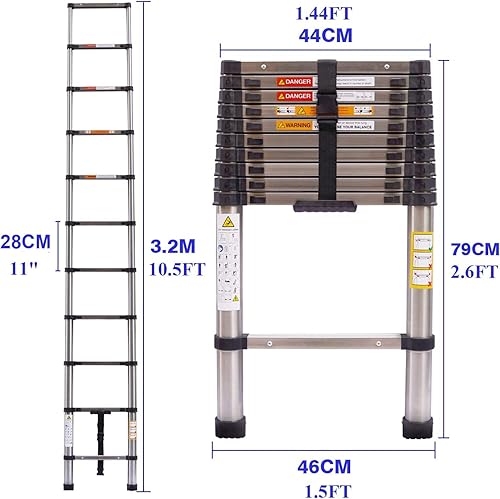 Teleskopleiter mit Haken, 5M Aluminium Ausziehleiter mit Verriegelungsmechanismus, Heavy Duty 150kg Max zusammenklappbare Leiter, Mehrzweck-Industrie-Kompakt-Leiter für Haushalt Outdoor-Arbeit - Cheap-Us