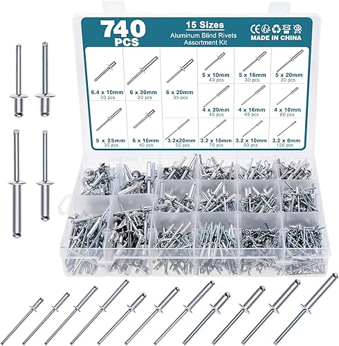 HSEAMALL 740 Stück Blindnieten, 6,4 mm/6 mm/5 mm/4 mm/3,2 mm, Aluminium-Blindnieten, Kuppelkopfnieten, offenes Ende, Popnieten, Kernziehnieten - Cheap-Us
