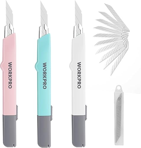 WORKPRO 3 Stück Cuttermesser Set 9mm, Cuttermesser profi mit 10 Abbrechklingen, Einziehbarer Universalmesser Teppichmesser, Perfektes Messer für Büro und Haushalt, Dreifarbiges Set - Cheap-Us