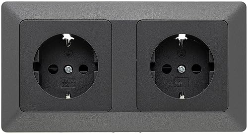 MILOS Steckdose Unterputz 2-fach Doppel-Steckdose Grau Anthrazit mit Doppel Rahmen 230V Schutzkontakt-Steckdose Klemm Anschluß - Cheap-Us