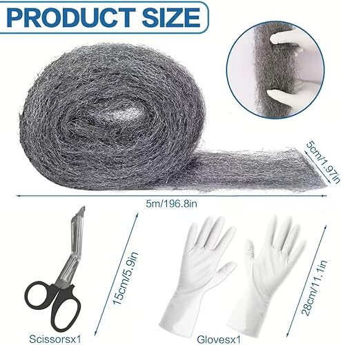 Cynrikah Mäuse Stahlwolle 20m, 4 Rollen Maus Stahlwolle 0000 Rattensichere Stahlwolle Gegen Mäuse Ratten stahlwolle mit Schere Handschuhe Löcher Stopfen Wand gegen mäuse im Garten/Haus/Garage - Cheap-Us