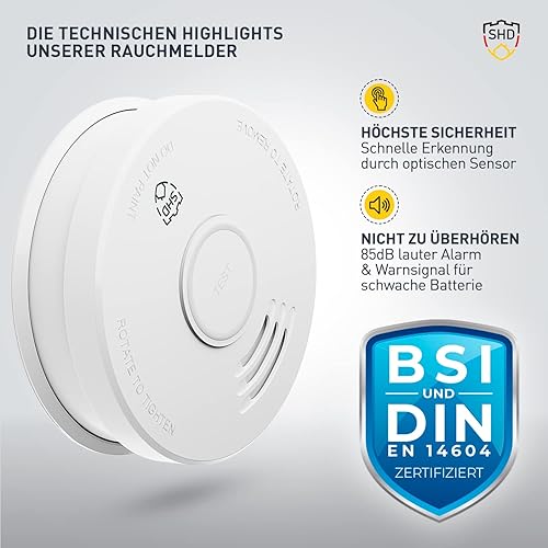 SHD Rauchmelder Set wechselbare Batterien (2X) - DIN EN14604 Geprüft & BSI-Zertifiziert, Brandmelder mit Stummschaltung & Selbsttest Funktion, Rauchmelder Magnethalter geeignet, Feuermelder DOF29 - Cheap-Us
